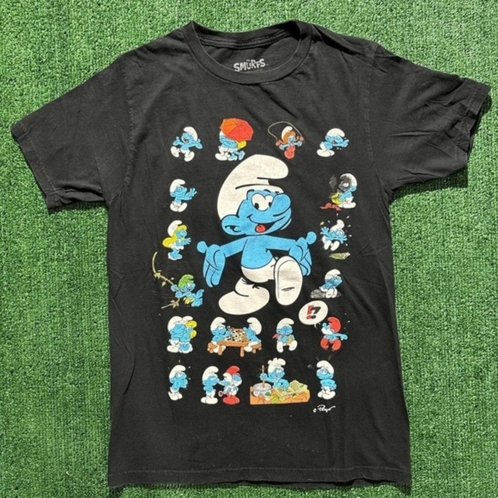 The Smurfs Graphic T-Shirt Mens Small Black Excellent Double Sided Print T-Shirt